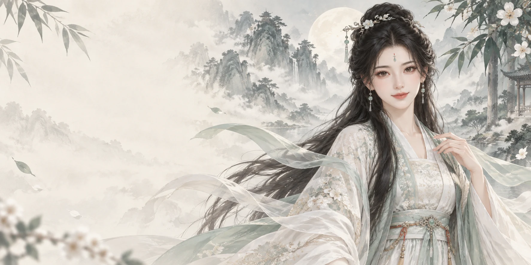 月白衣衫的仙侠女子立于薄雾与山影之间