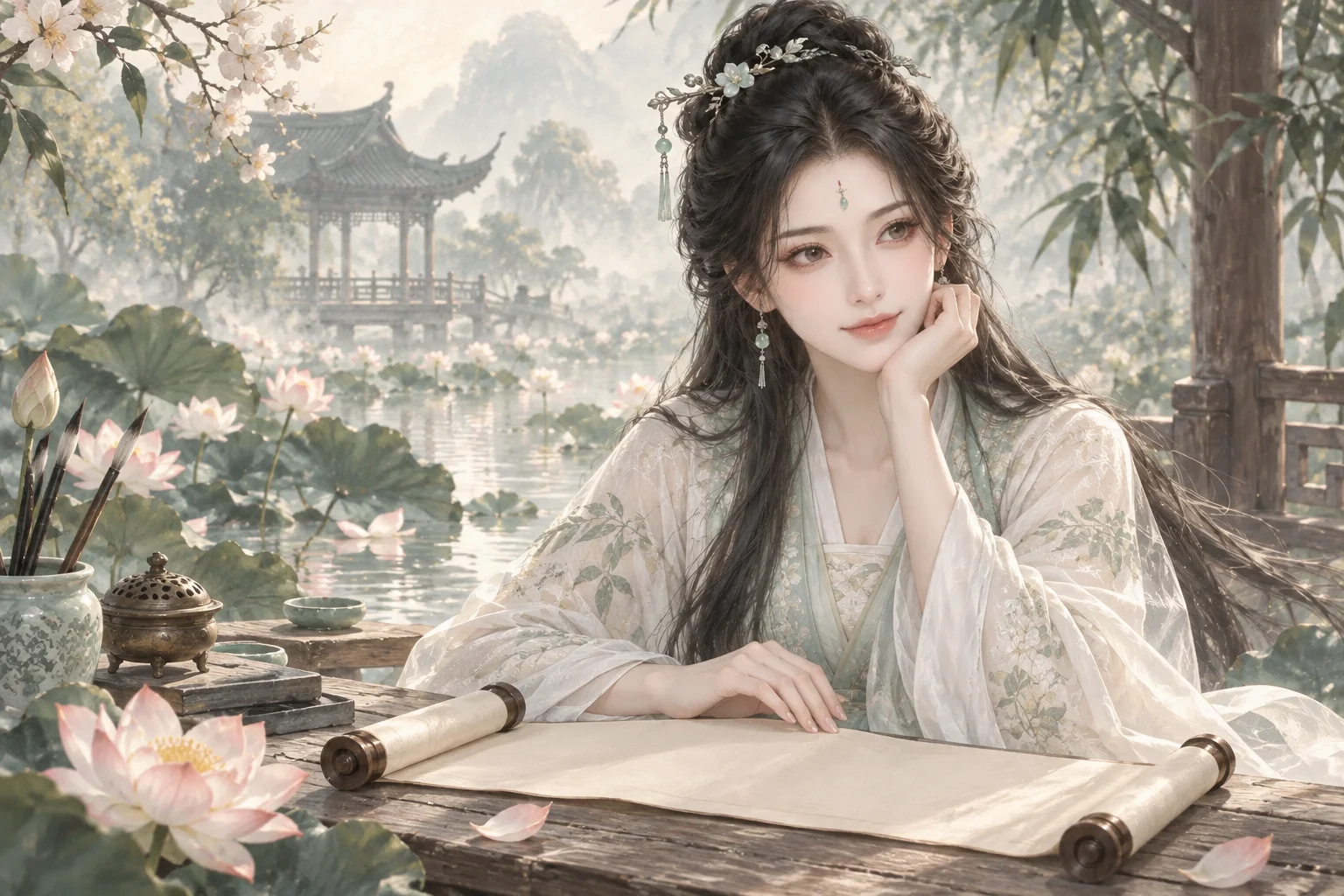 荷塘旁的女子与一卷素笺，水光映着亭台