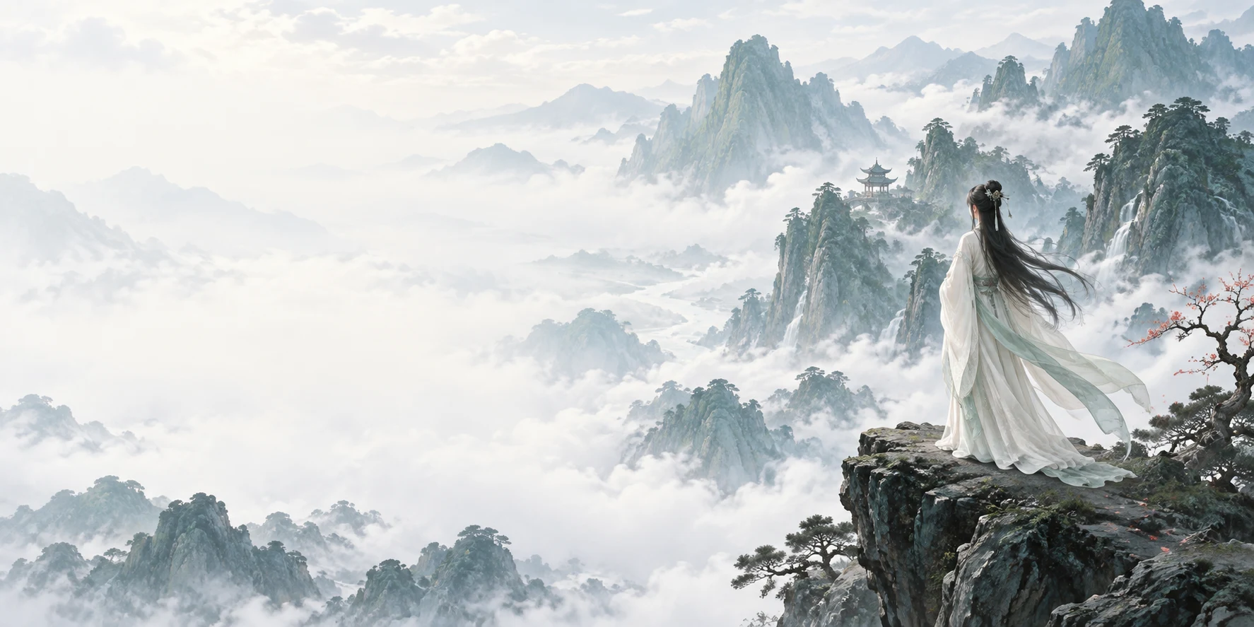 青山与云海之间的白衣身影