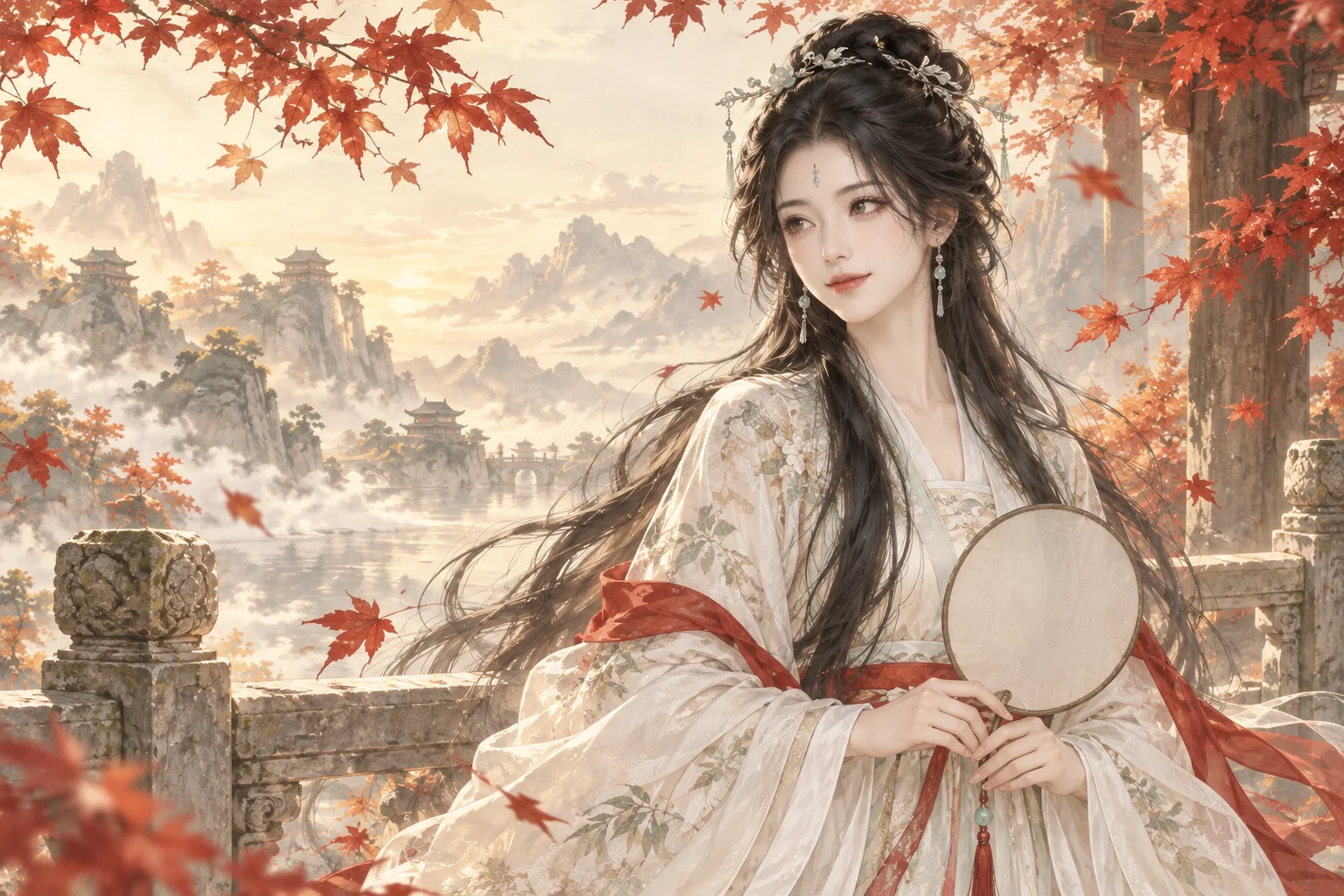 秋光里的仙侠女子执一柄团扇，朱色衣带与枫叶相映